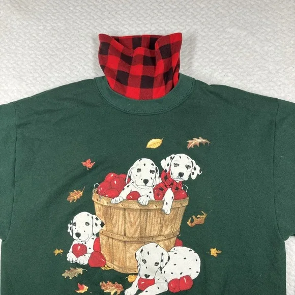 Vintage Dalmations Sweater Dog Apples Fall Plaid Neck Sweatshirt Size M Green - Picture 3 of 10